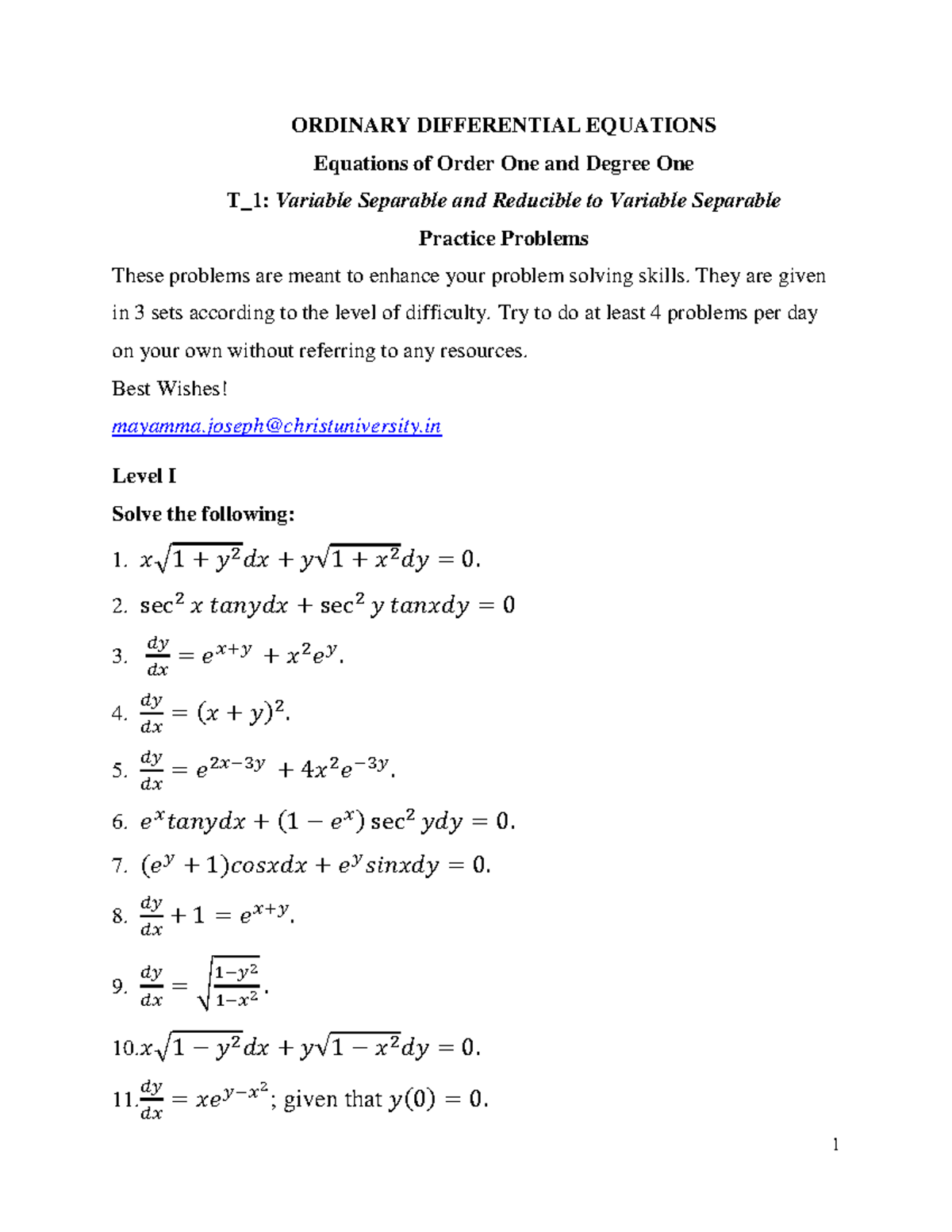 Question Bank 1 ORDINARY DIFFERENTIAL EQUATIONS Equations of Order