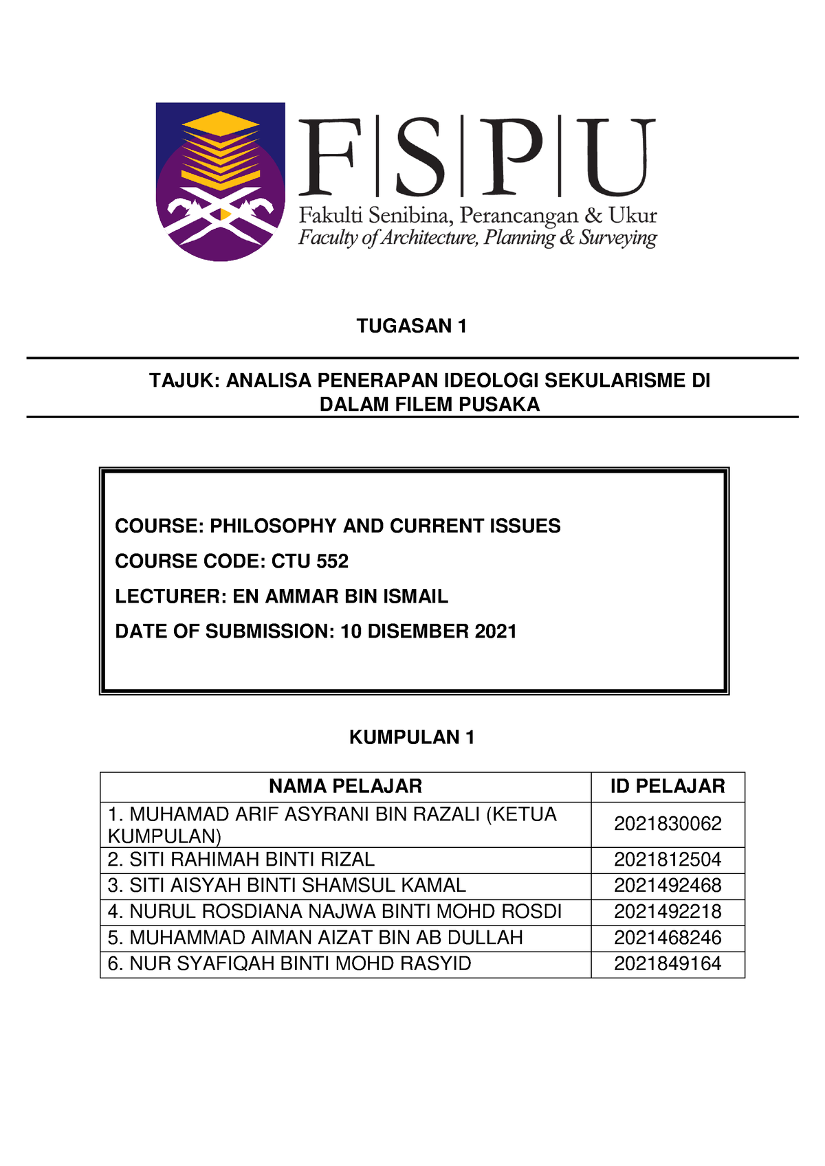 CTU552 - Draft Tugasan 1 Kumpulan 1 - TUGASAN 1 KUMPULAN 1 NAMA PELAJAR ...