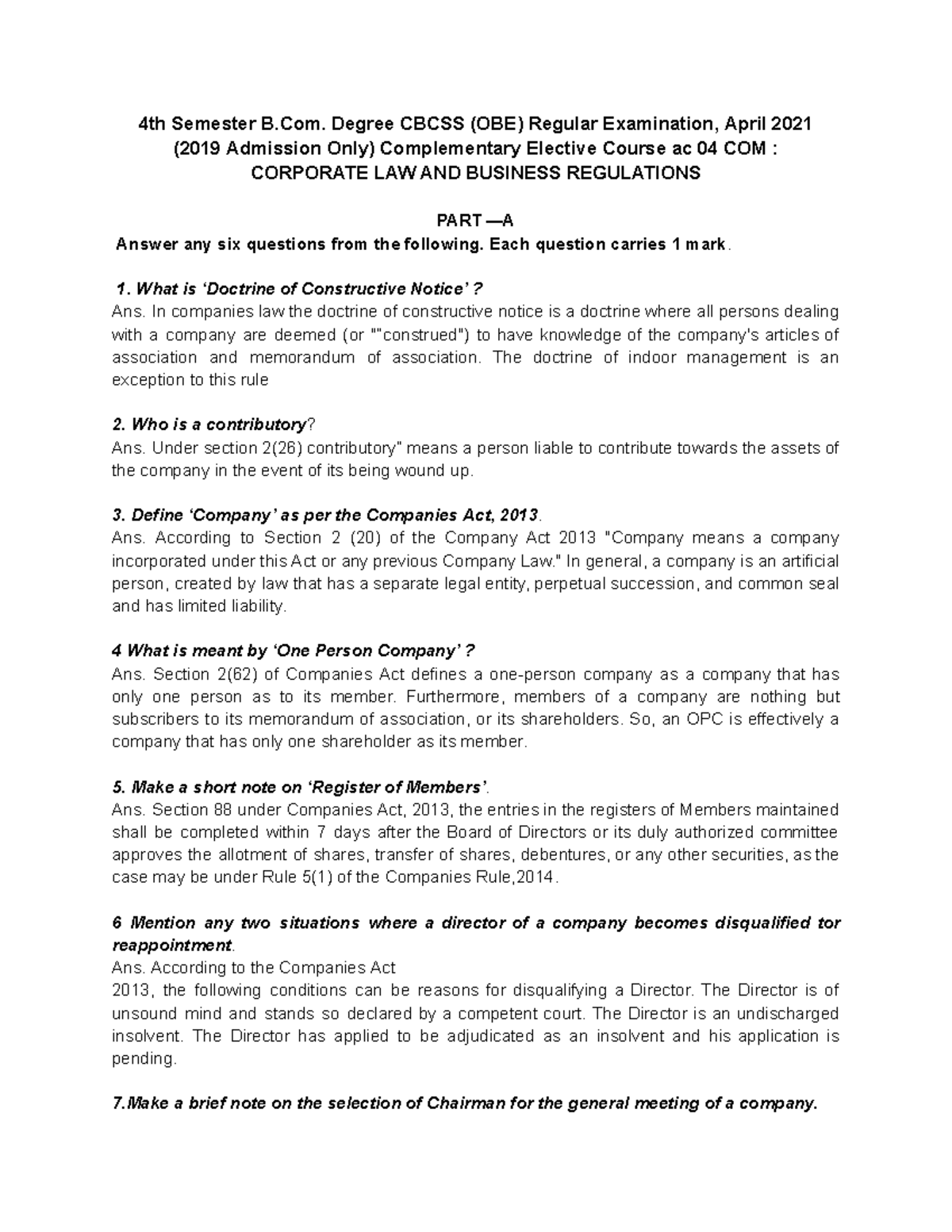 Corporate law 2021 - Snakqqkqkqk - 4th Semester B. Degree CBCSS (OBE ...