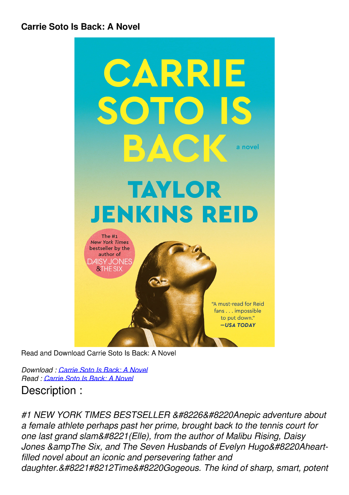 DOWNLOAD/PDF Carrie Soto Is Back: A Novel - Carrie Soto Is Back: A ...