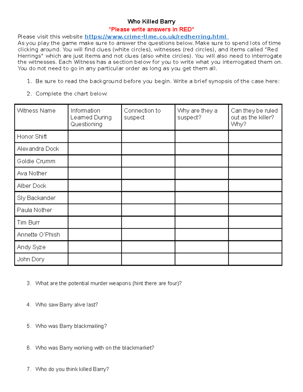 who killed barry assignment answer key