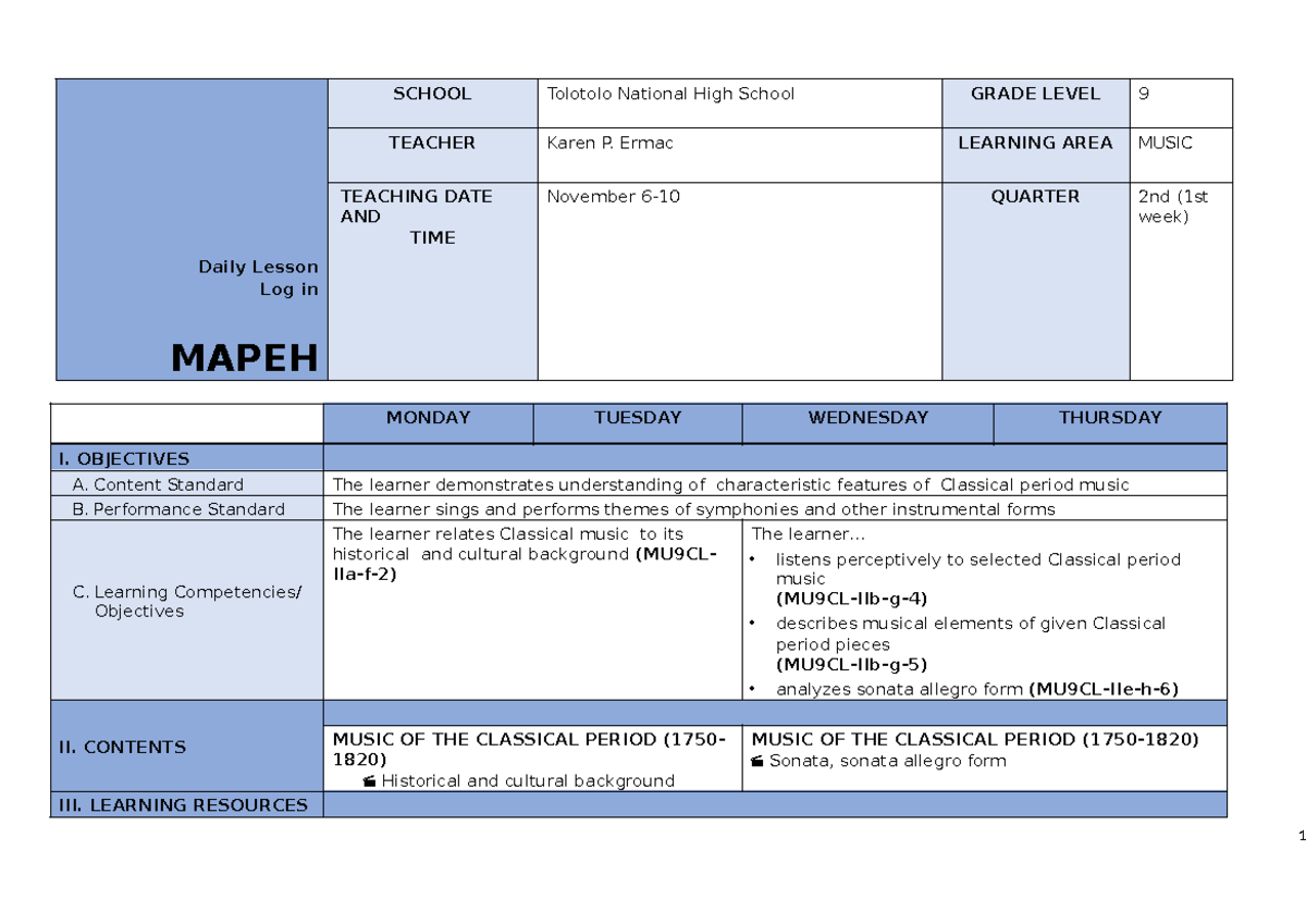 Q2 Grade 9 Music DLL Week 1 - Daily Lesson Log in MAPEH SCHOOL Tolotolo ...