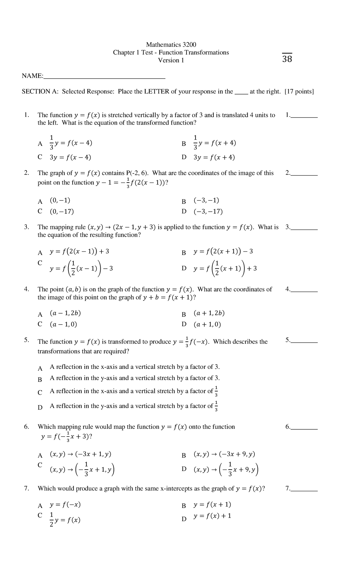 Function transformation - Mathematics 3200 Chapter 1 Test - Function ...