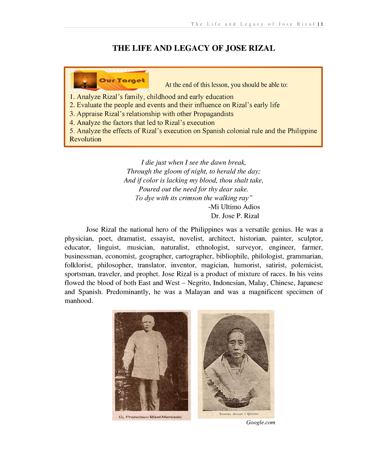 Module 3 THE LIFE AND Legacy OF JOSE Rizal 1 - THE LIFE AND LEGACY OF ...