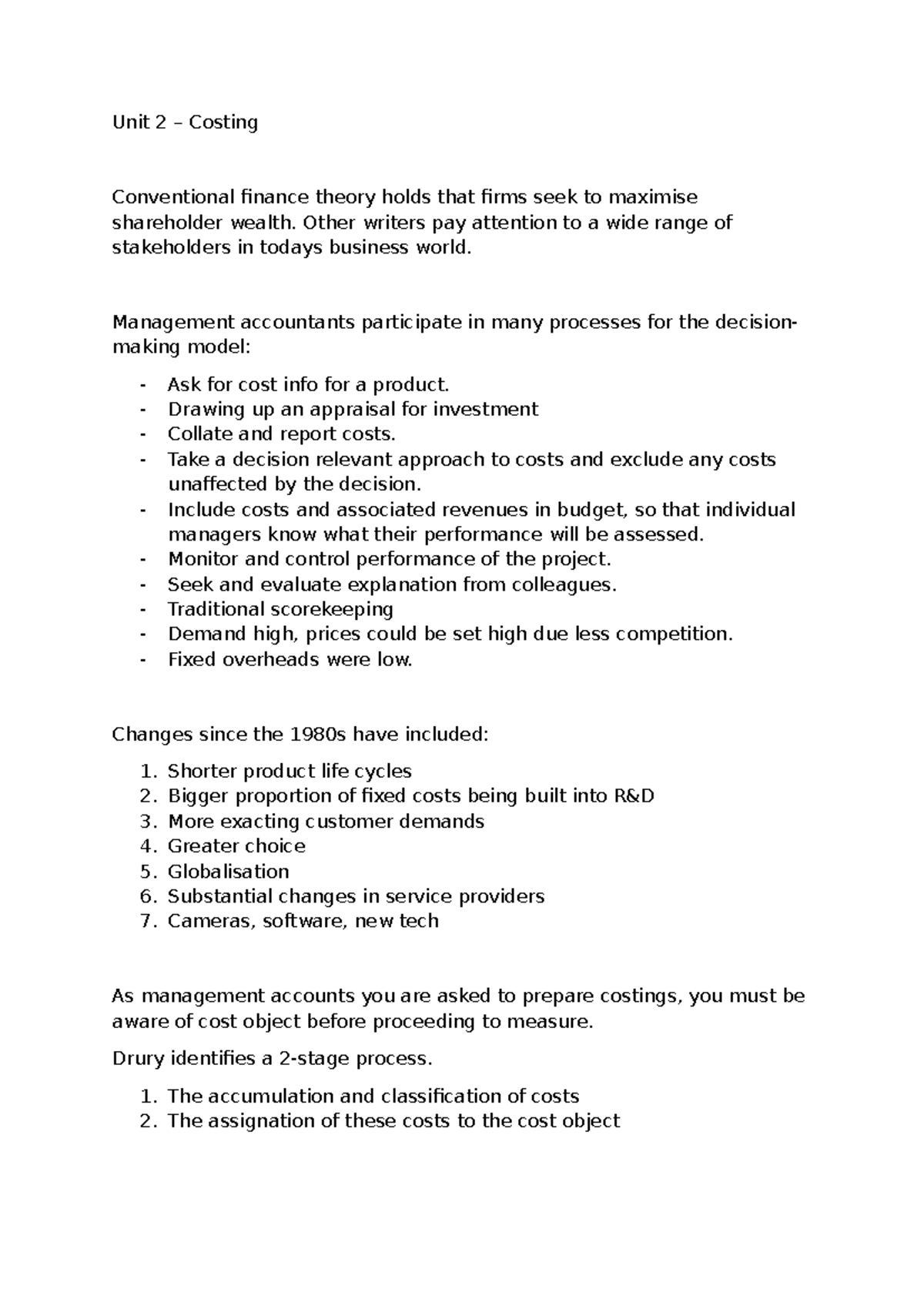 Unit 2 - Costing Notes - Unit 2 – Costing Conventional finance theory ...