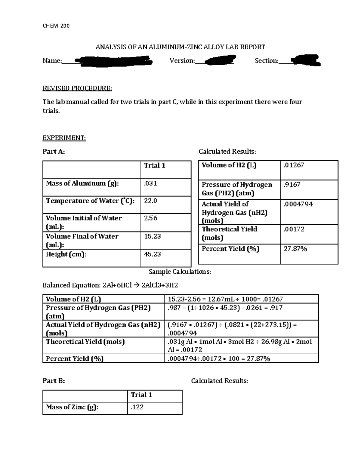 Experiment 9 LAB Report CHEM 200 ANALYSIS OF AN ALUMINUMZINC ALLOY
