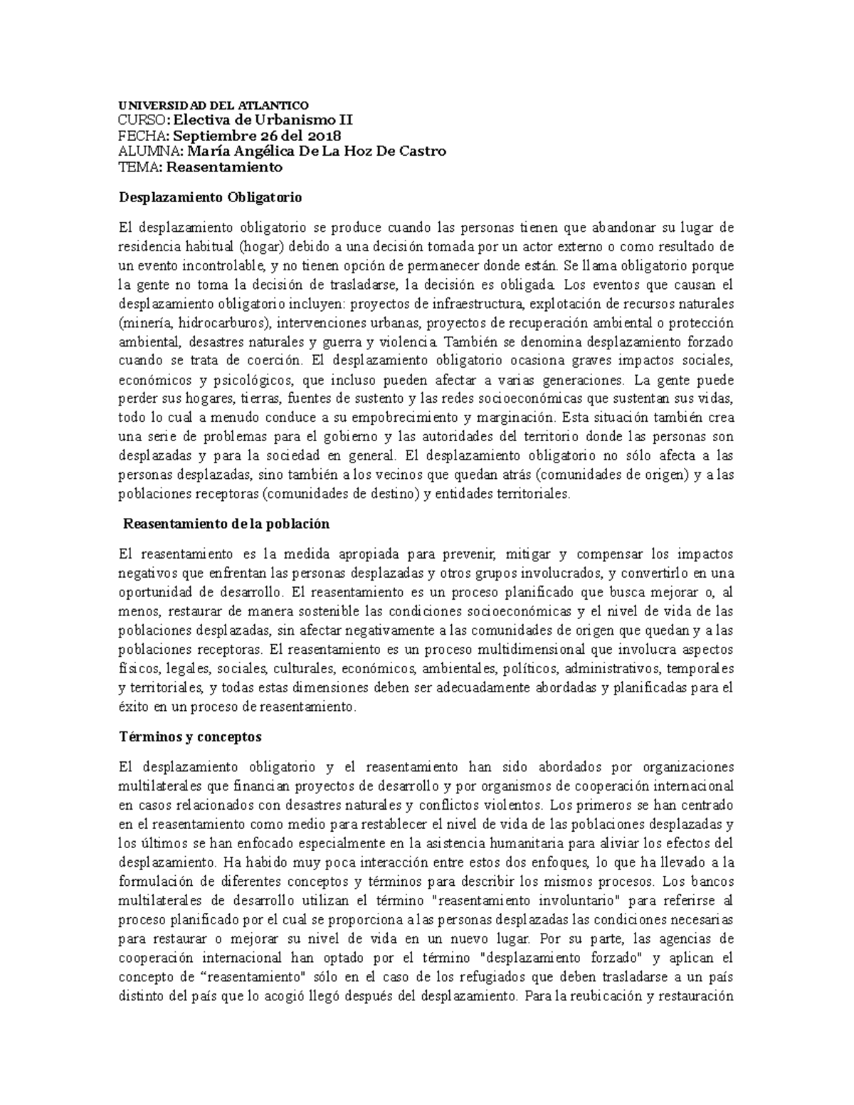 Reasentamiento - Ninguna - Universidad Del Atlantico Curso: Electiva De 