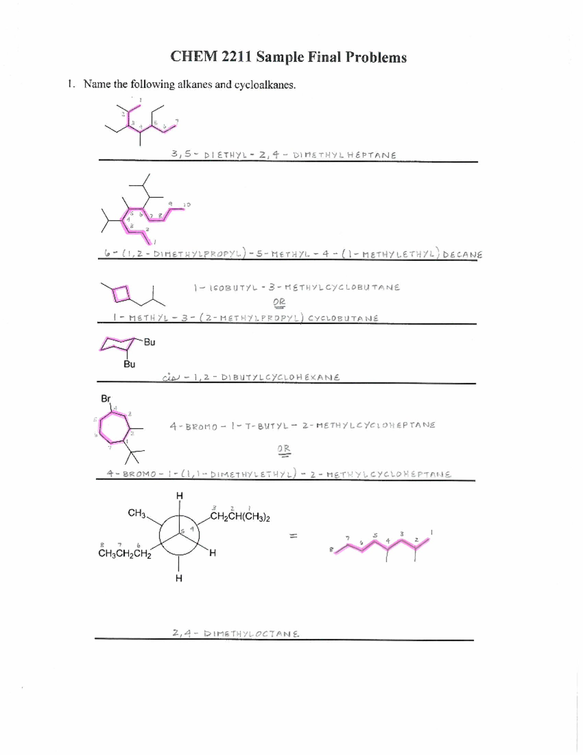 CHEM 2211 Key - Sample Final Exam Problems - CHEM 2211 - Studocu