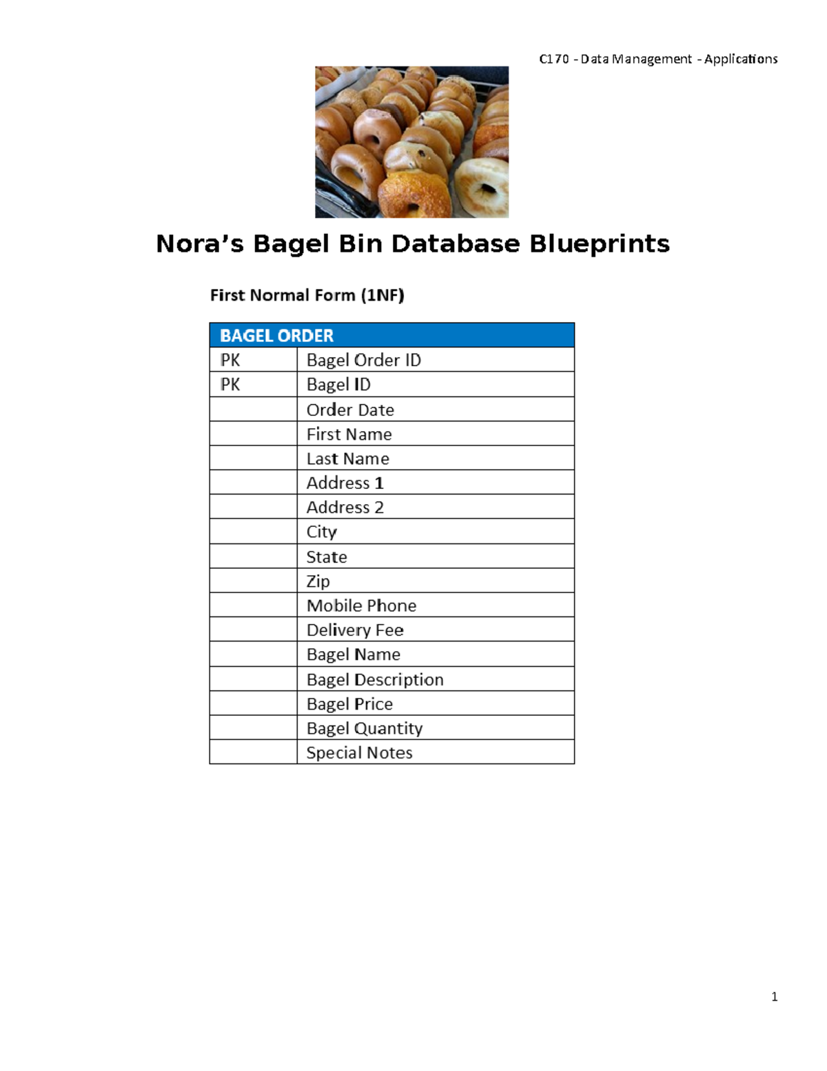 A. Nora's Bagel Bin Database Blueprints C170 Data Management