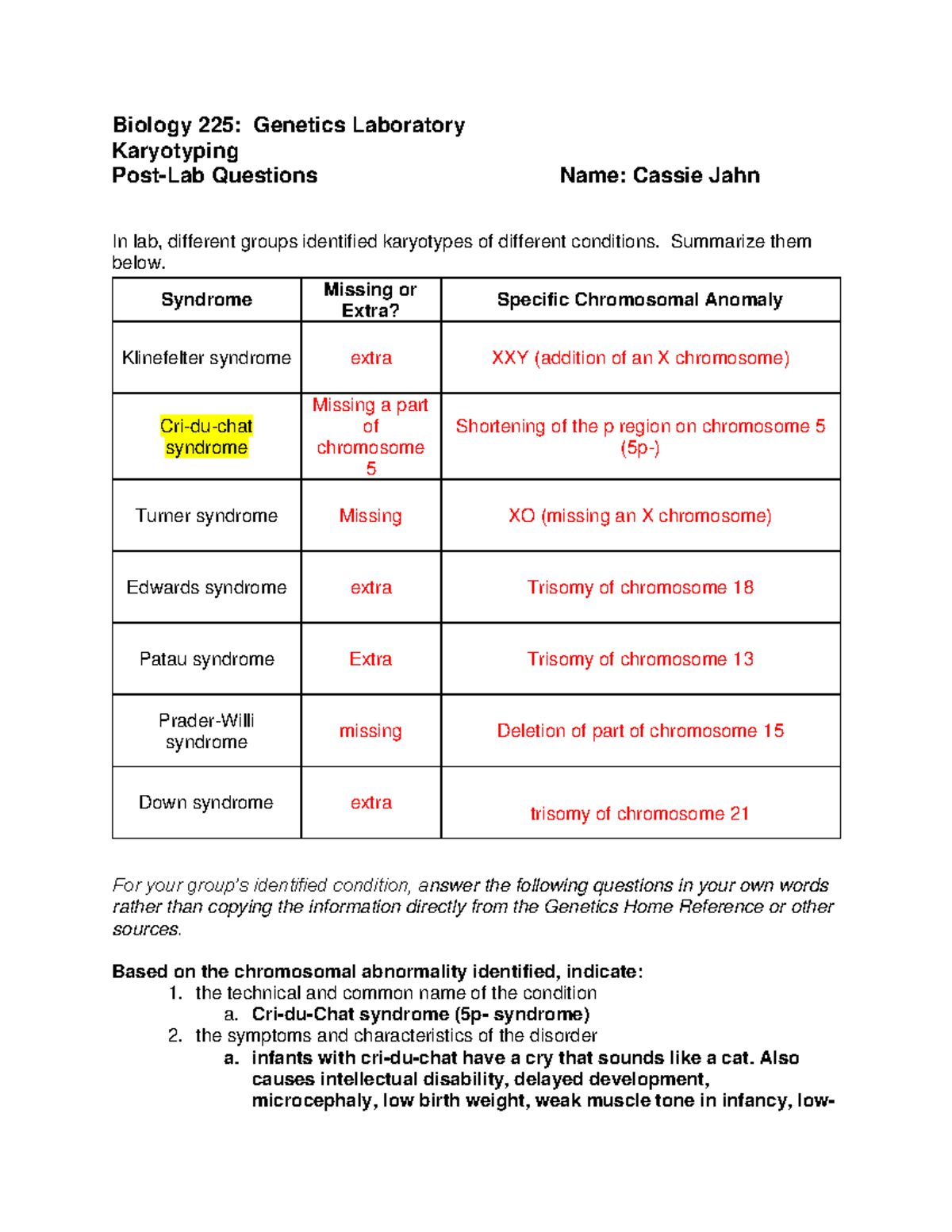 Karyotyping PostLab Dr. Baker Biology 225 Laboratory