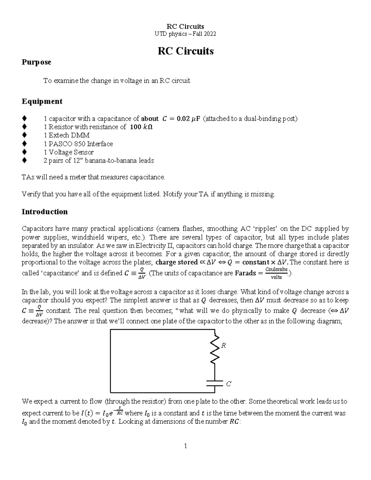 11.0 RC UTD physics Fall 2022 RC Circuits Purpose To examine the