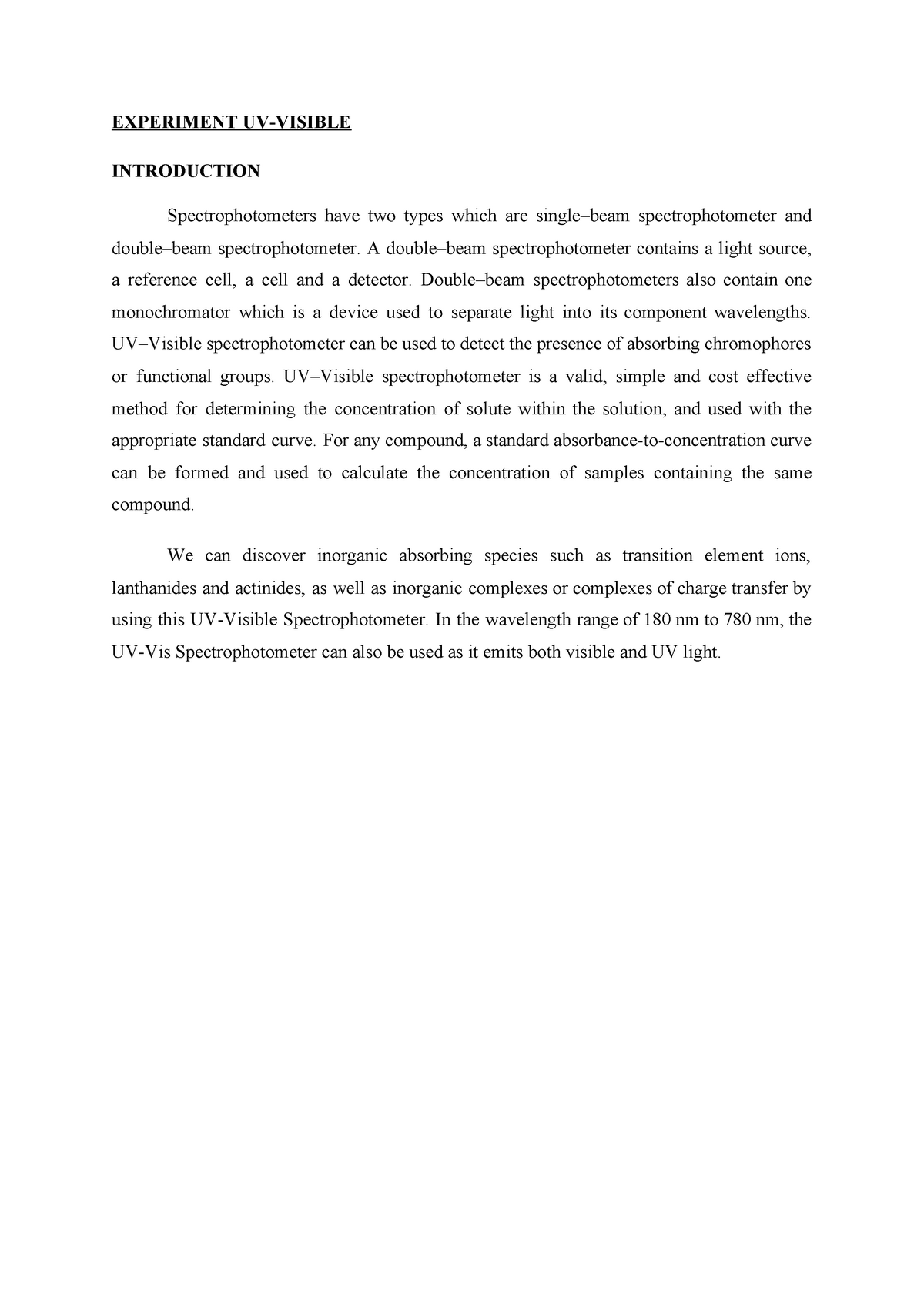 LAB UV VIS LAB REPORT FST 306 EXPERIMENT UVVISIBLE INTRODUCTION