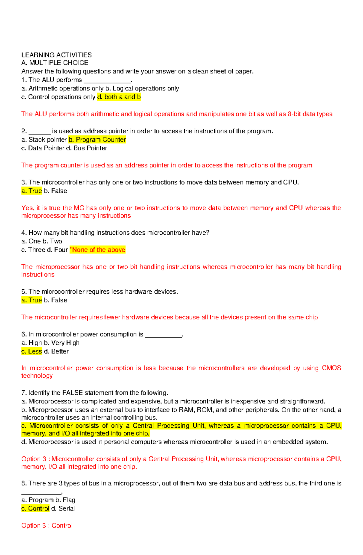 Microprocessor Activity 2 LEARNING ACTIVITIES A. MULTIPLE CHOICE