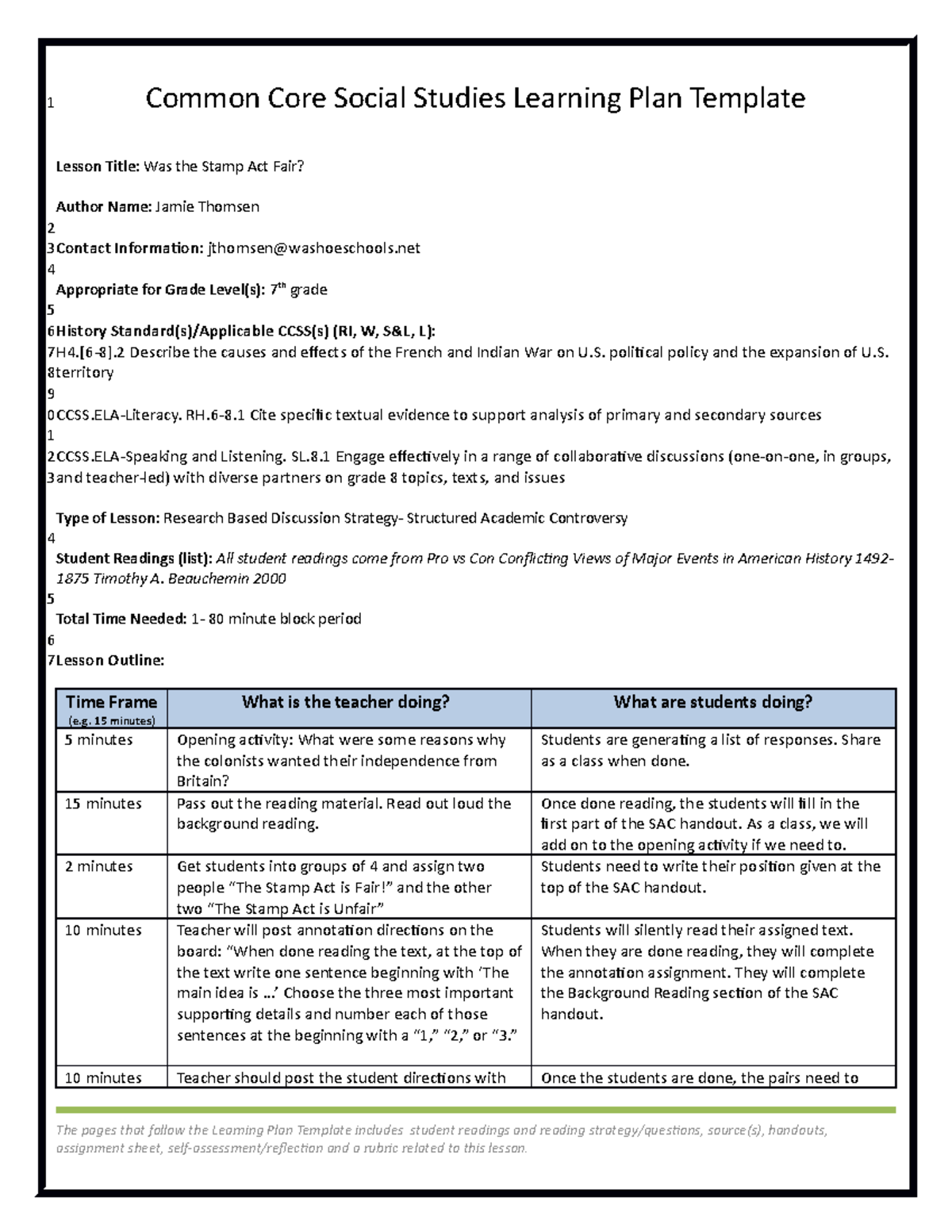 7DL Was the Stamp Act fair - Common Core Social Studies Learning Plan ...