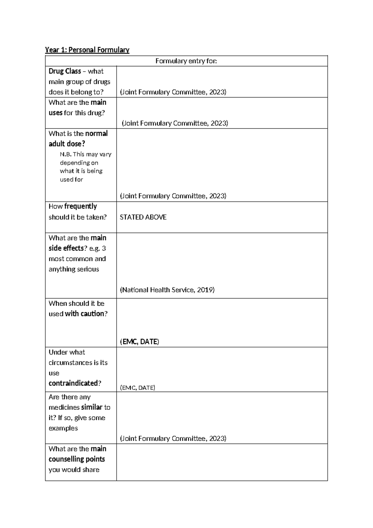 Blank Formulary Sheet - Year 1: Personal Formulary Formulary Entry For 