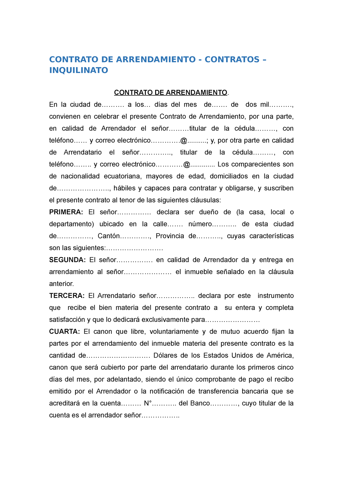 Contrato De Arrendamiento Contrato De Arrendamiento Contratos Inquilinato Contrato De 4286