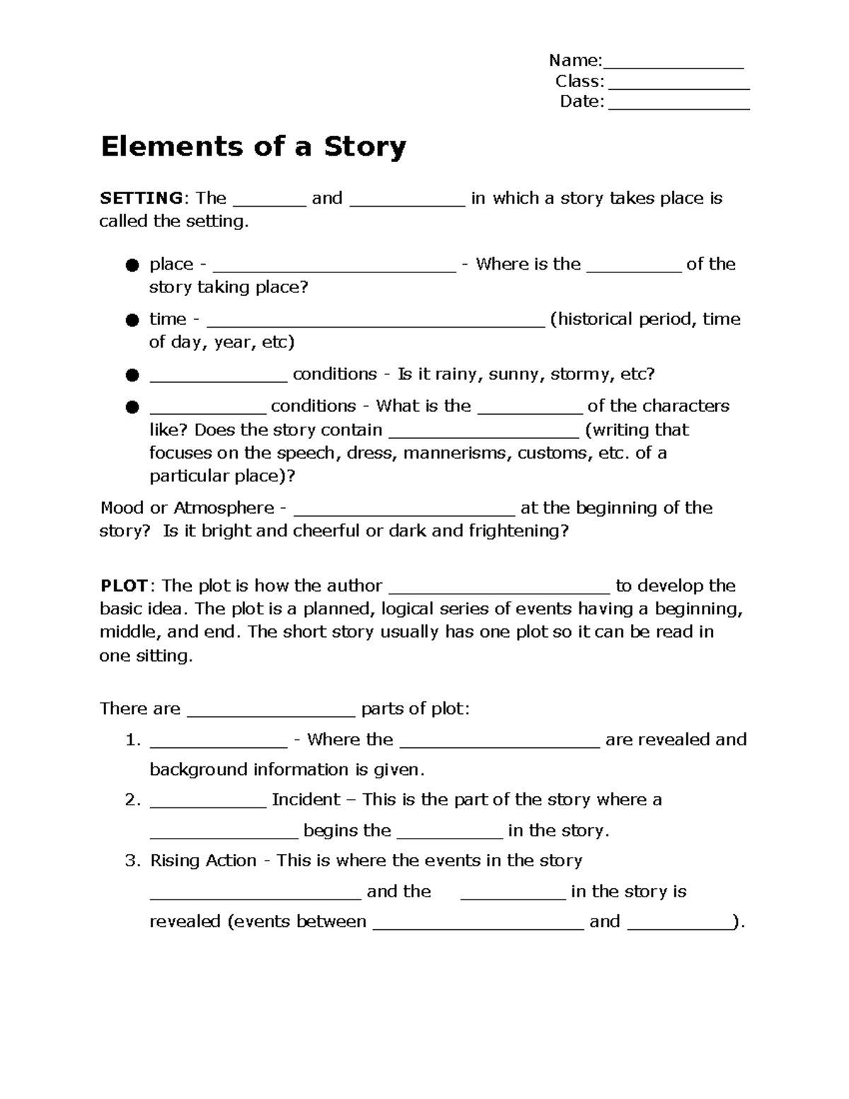 Elements of a Story Notes Student Copy - Name:_________________ Class ...