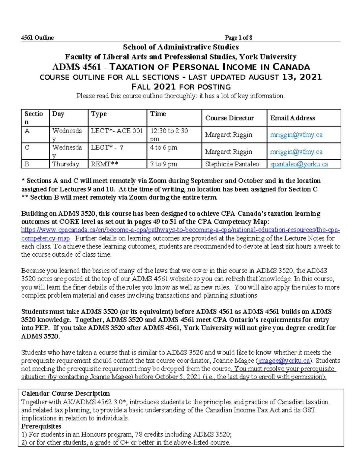 4561 Fall 2021 Course Outline August 13 2021 for posting - School of ...