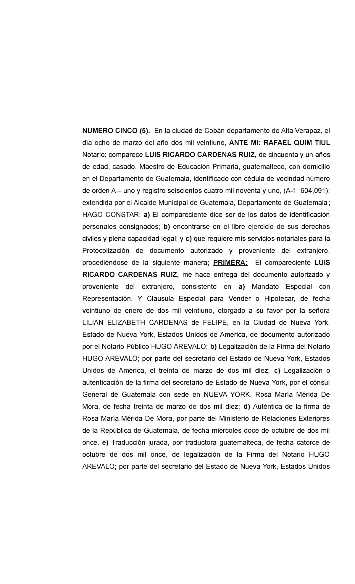 173704438 Acta De Protocolizacion De Documento Proveniente Del Extranjero Numero Cinco 5 En 8893