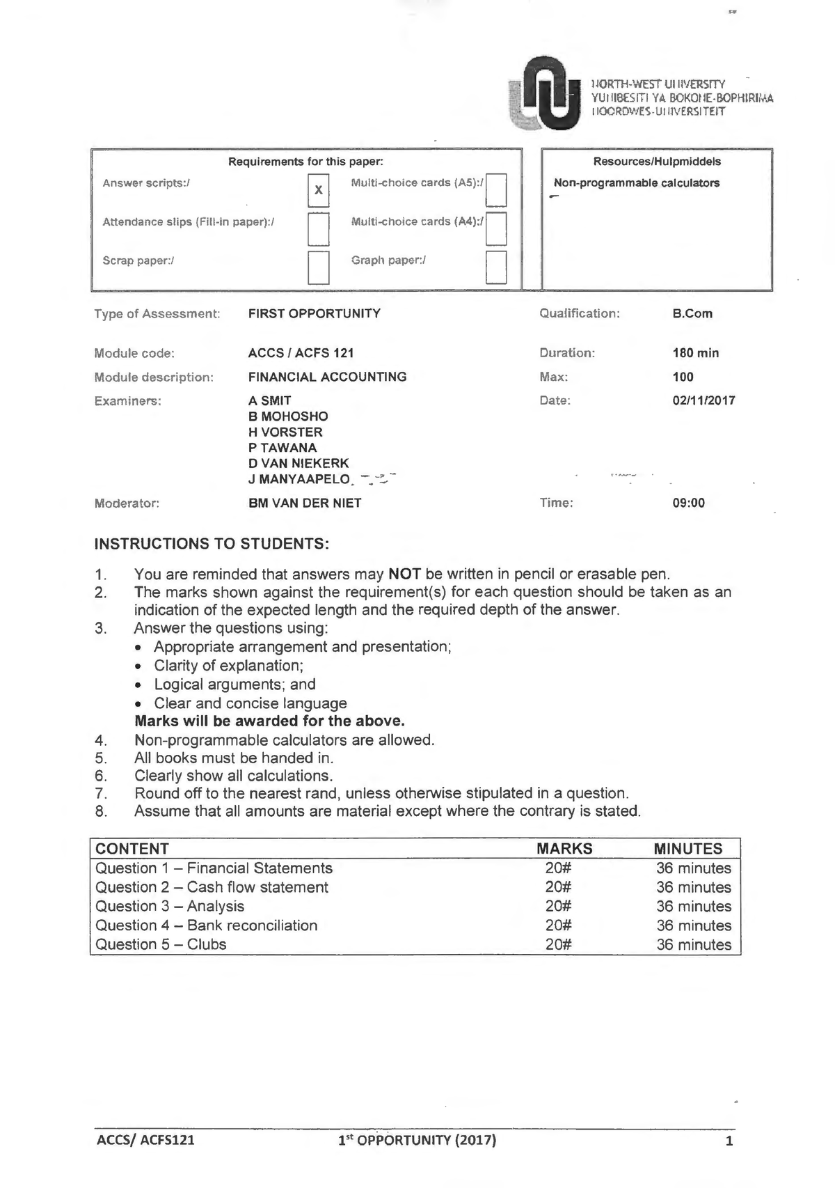 ACCS 121 - EXAM Opportunity (2017 ) - Requirements for th is paper ...