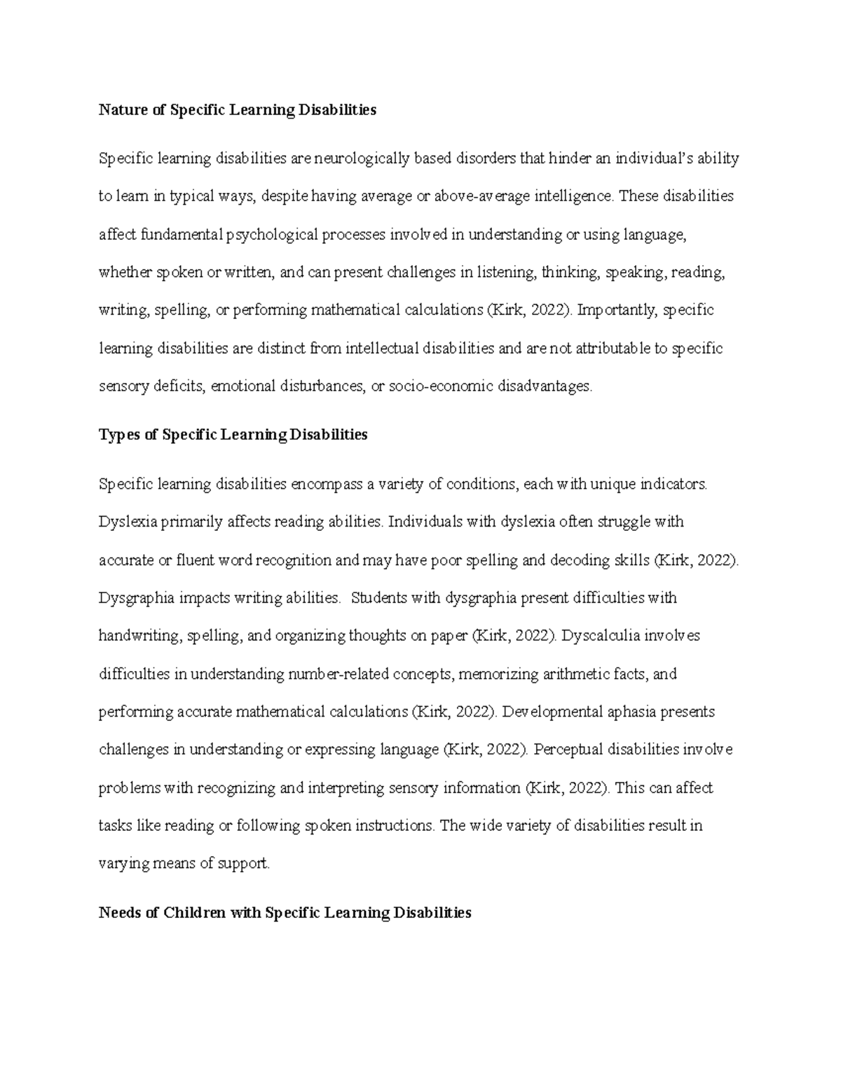Module 3 Spec Needs Essay - Nature of Specific Learning Disabilities ...