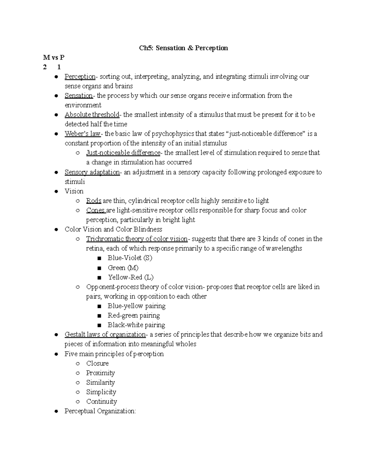Chapter 5 Notes Psych 101 - Ch5: Sensation & Perception M vs P 2 1 ...