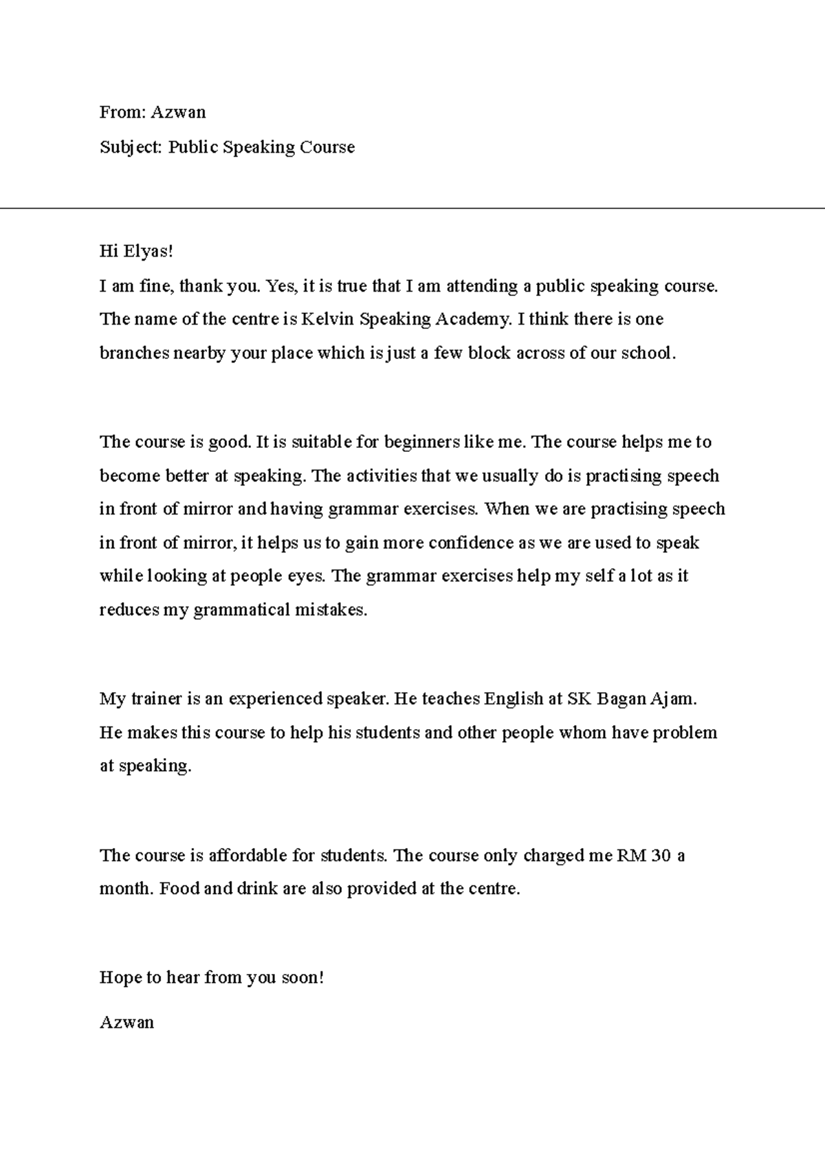 Email From Azwan Subject Public Speaking Course Hi Elyas I Am Fine 