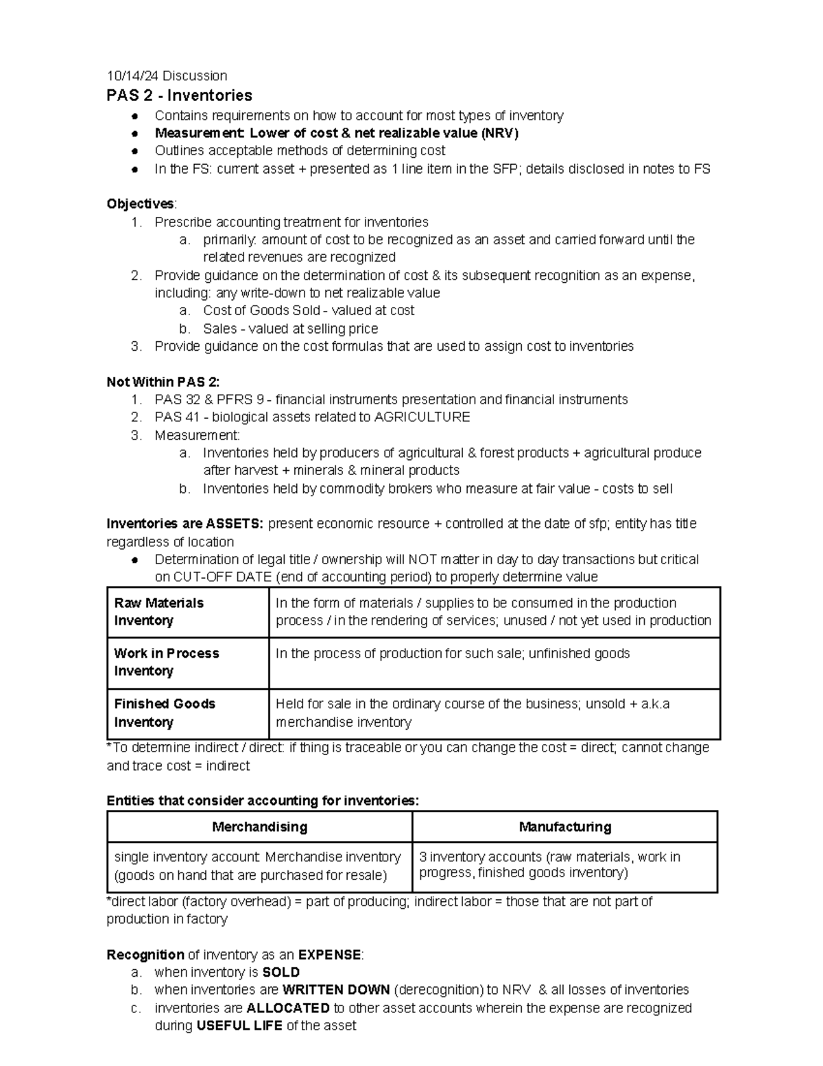 CFAS Finals - CFAS Notes - 10/14/24 Discussion PAS 2 - Inventories ...