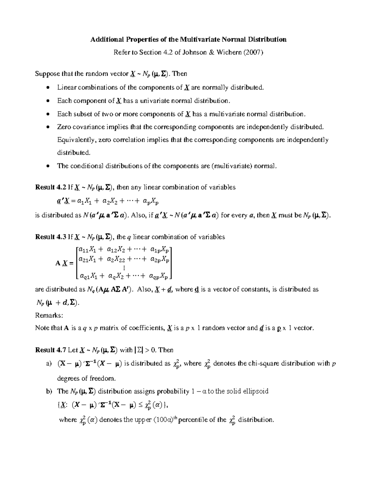 Additional Properties of the Multivariate Normal Distribution Then