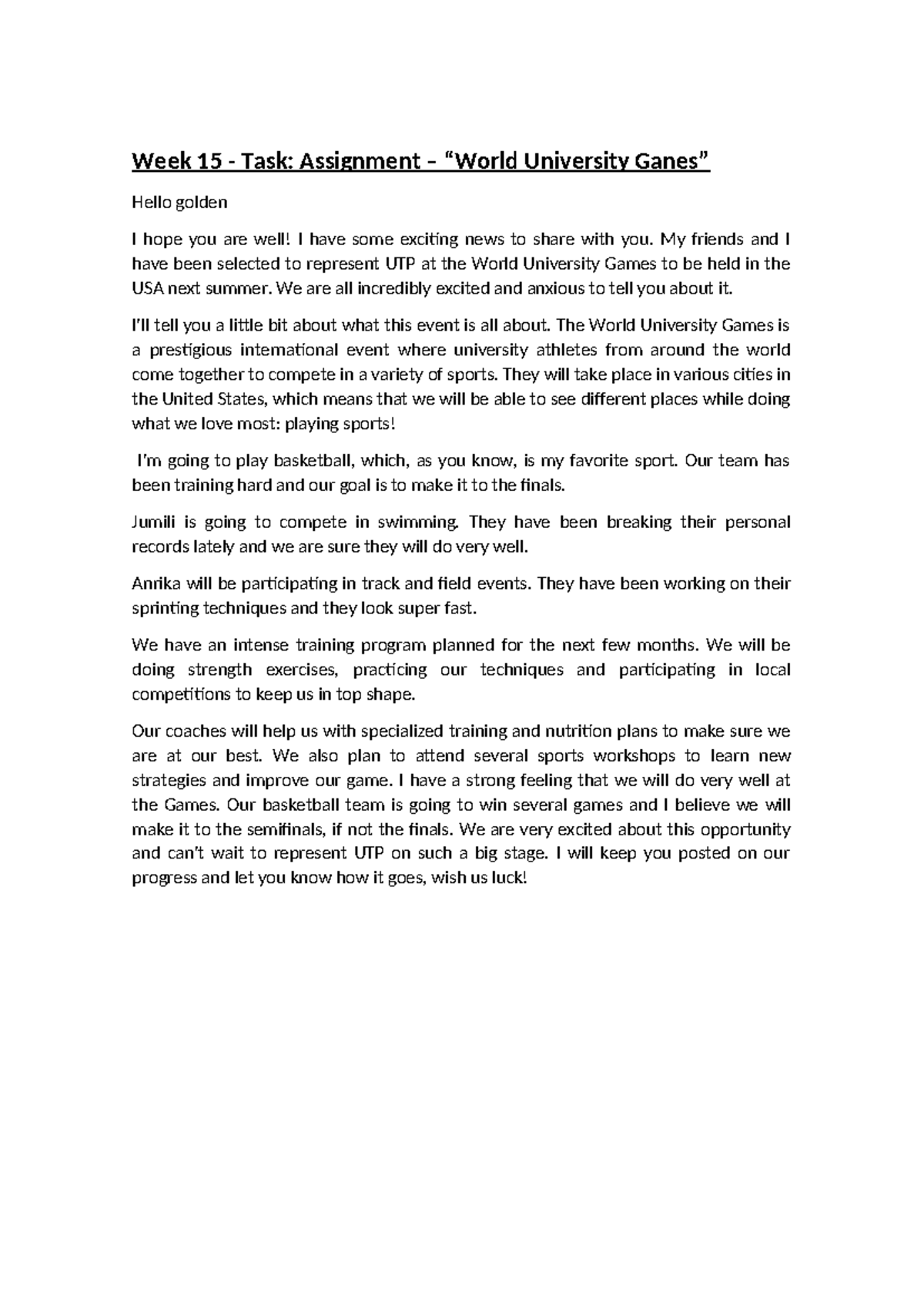 Week 15 - Task: Assignment – “World University Ganes - Week 15 - Task ...