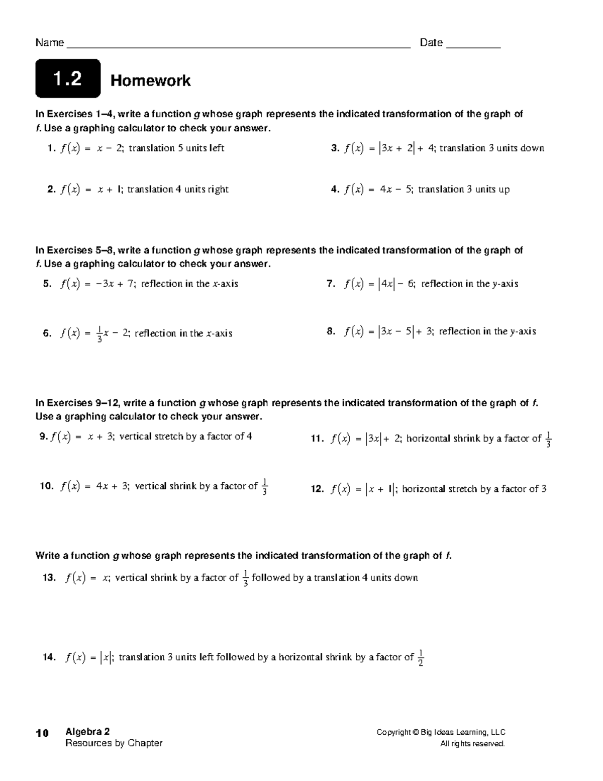 Copy of A2 1.2 HW - an worksheet for history - Algebra 2 Copyright ...