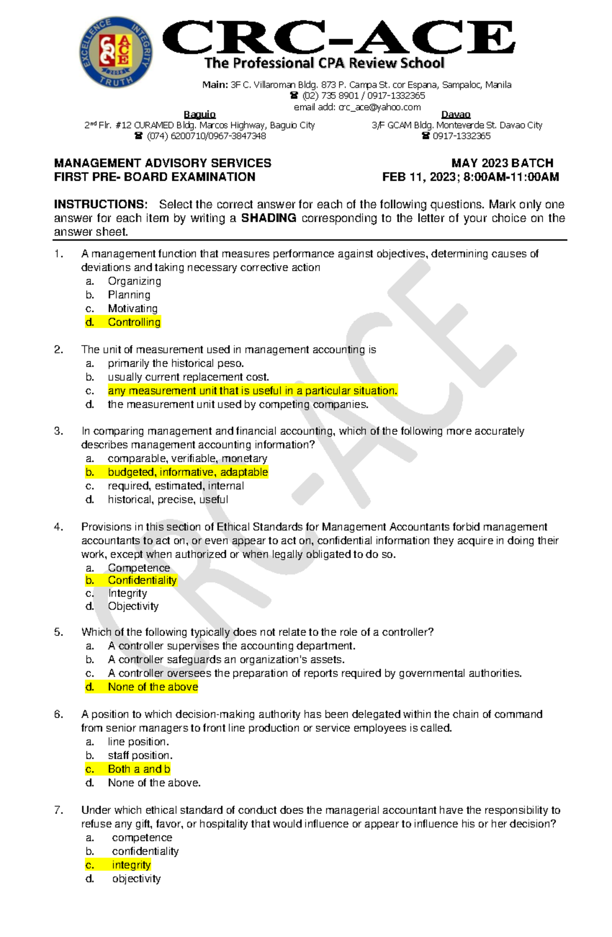 MAS First Preboard May 2023 Batch - MANAGEMENT ADVISORY SERVICES MAY ...