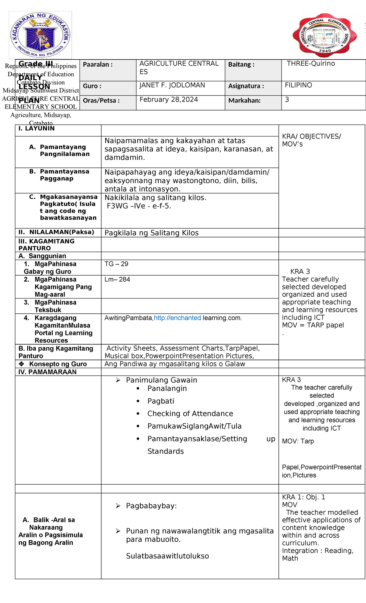 Cot Filipino Grade Iii Daily Lesson Plan Paaralan Agriculture Central Es Baitang Three 9995