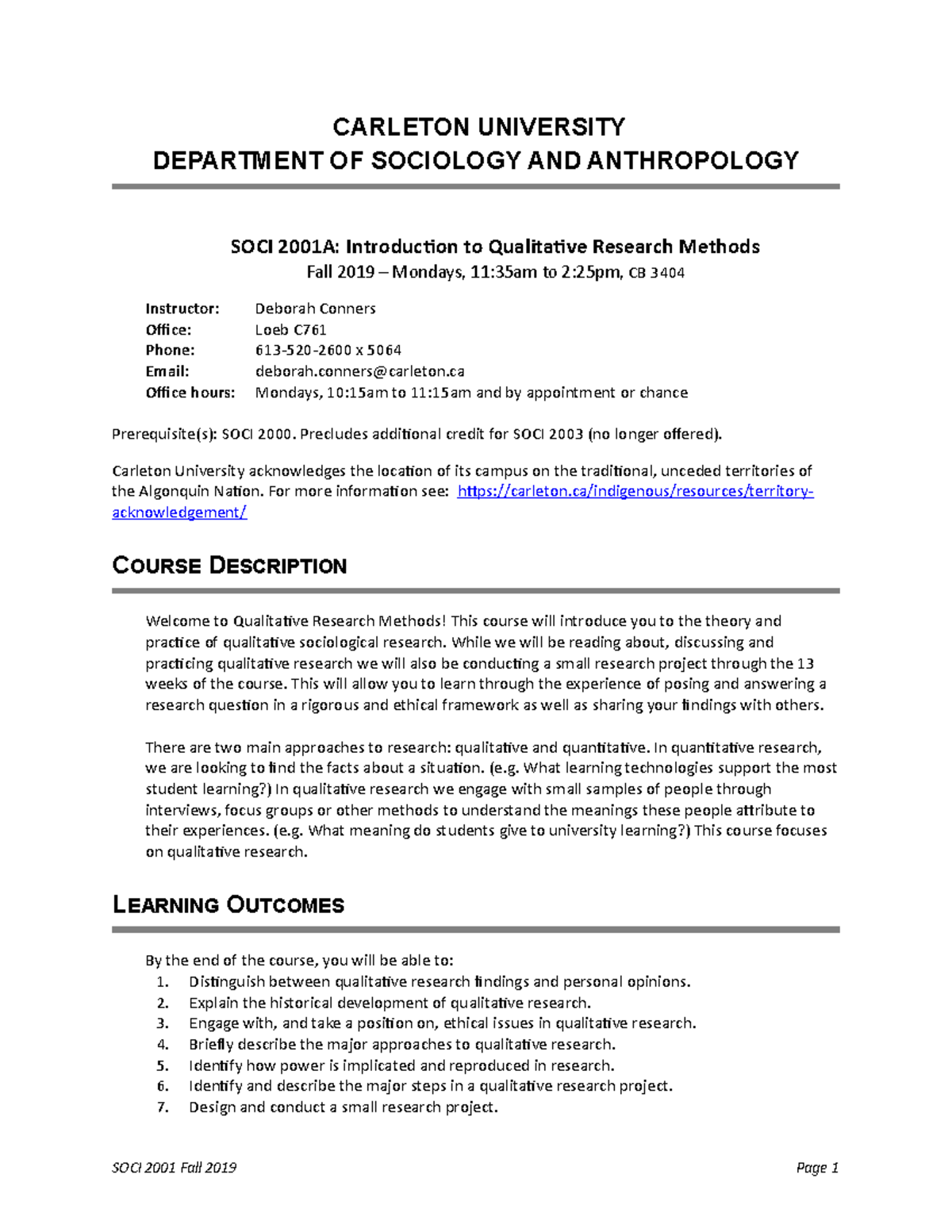 1 2019 F SOCI 2001 A course outline Final - CARLETON UNIVERSITY ...
