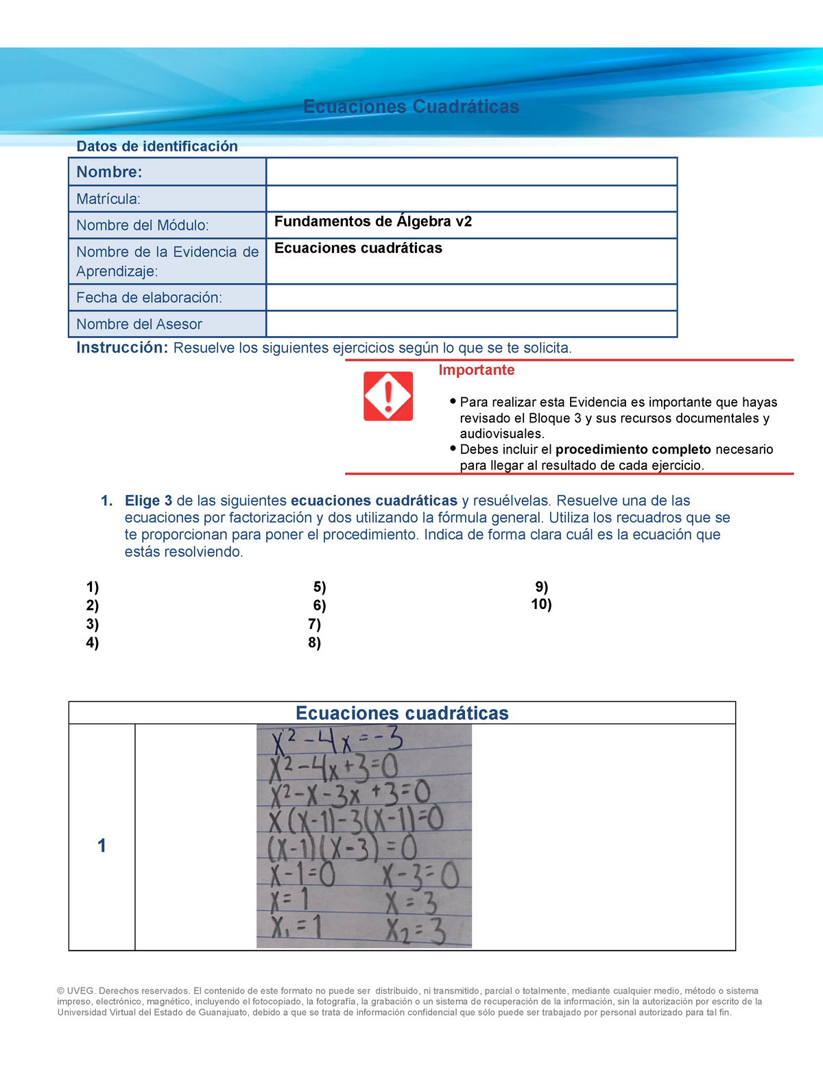 B3 EA3 Ecuaciones - Ecuaciones Cuadráticas Datos De Identificación ...