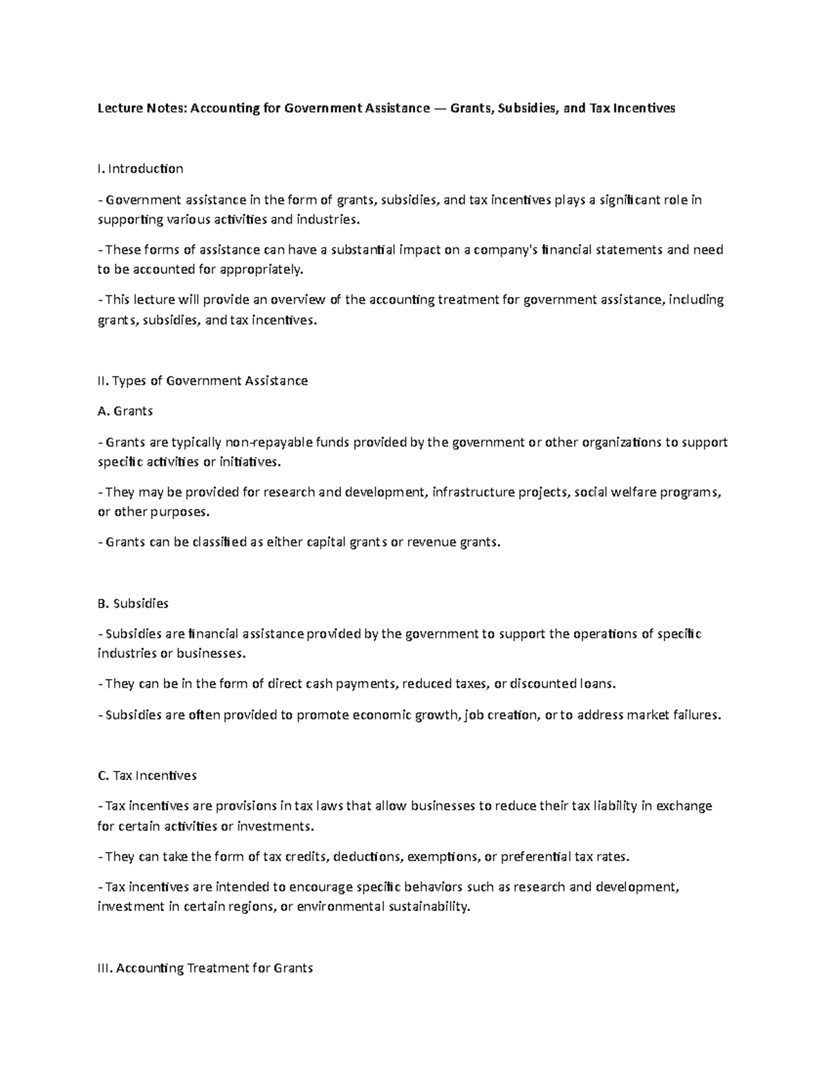 Lecture Notes Accounting for Government Assistance — Grants, Subsidies