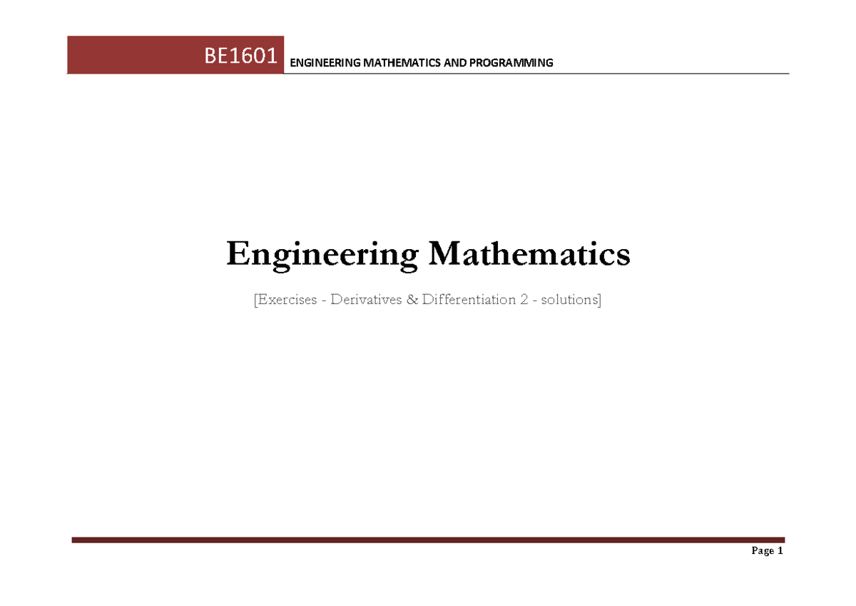 Exercises Week 9 - DIfferentiation 2 Solutions - ENGINEERING ...