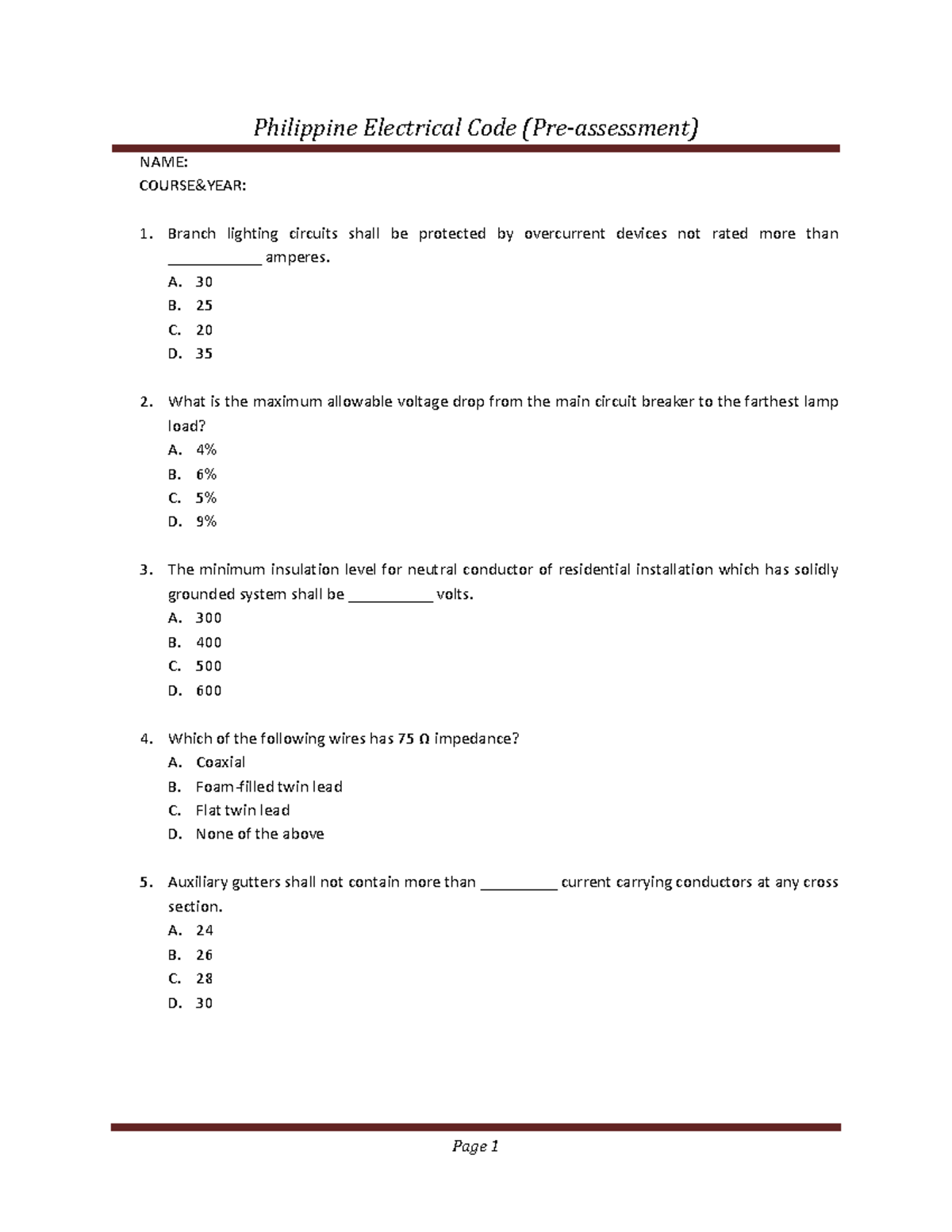 Philippine-Electrical-Code Pre-assessment - Philippine Electrical Code ...