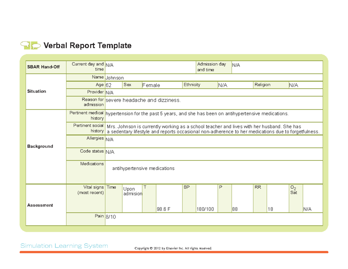 SBAR Johnson SBAR Verbal Report Template SBAR HandOff Current day
