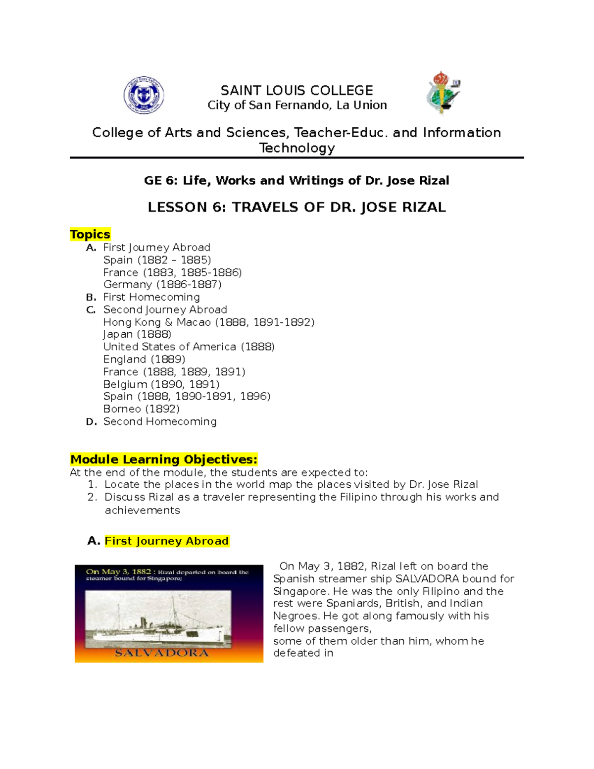 Rizal Lesson 6 A-Travels of Dr. Jose Rizal (1st Trip Abroad) - SAINT ...