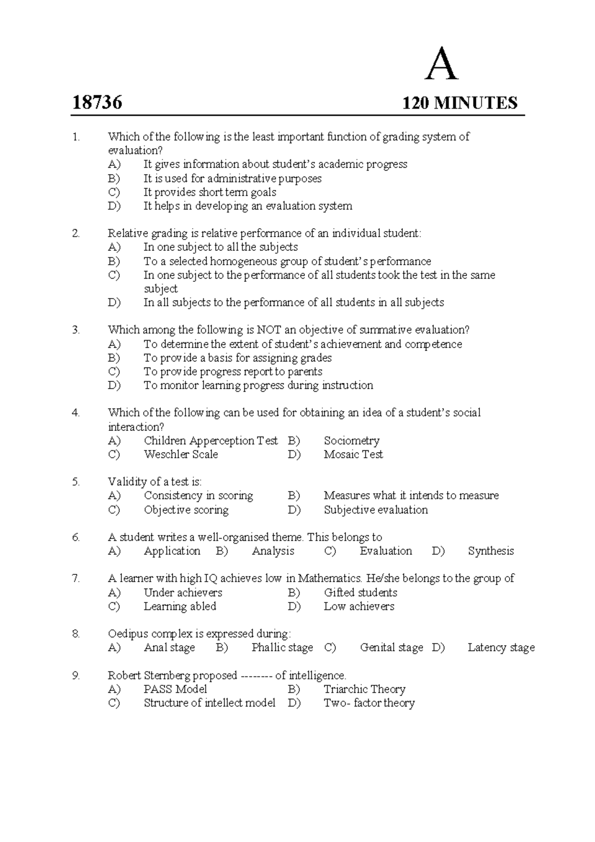SET GK 2018 JULY 18736 Kerala State Eligibility Test A 18736 120
