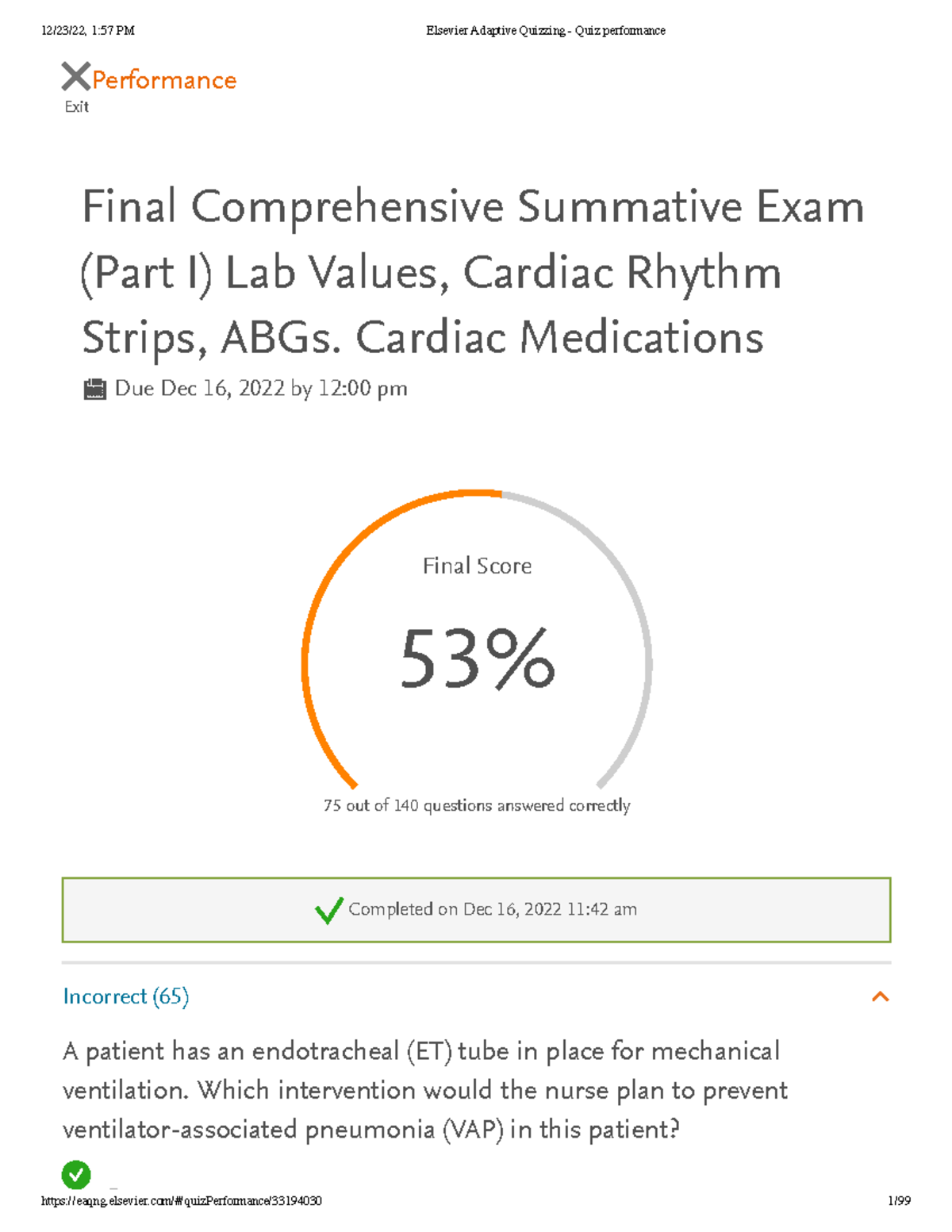 Elsevier Adaptive Quizzing - Quiz Performance - Exit Performance Final ...