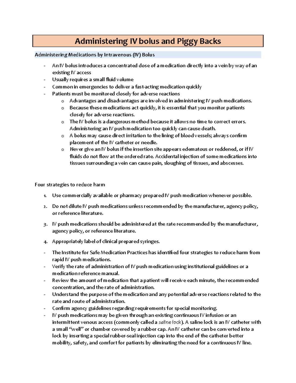 NUR PB AND Bolus Administering IV bolus and Piggy Backs