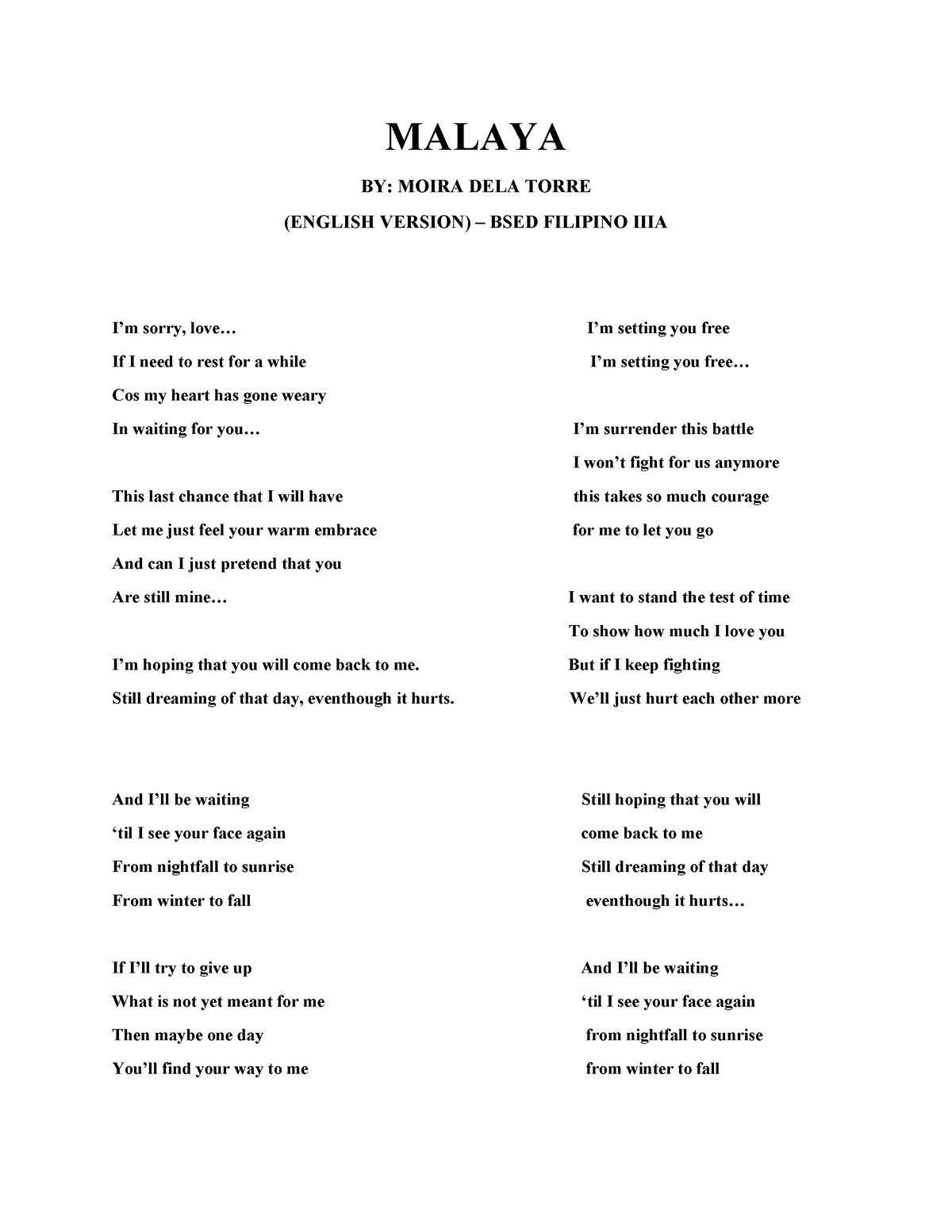 Malaya Lyrics English Version FIL - MALAYA BY: MOIRA DELA TORRE ...