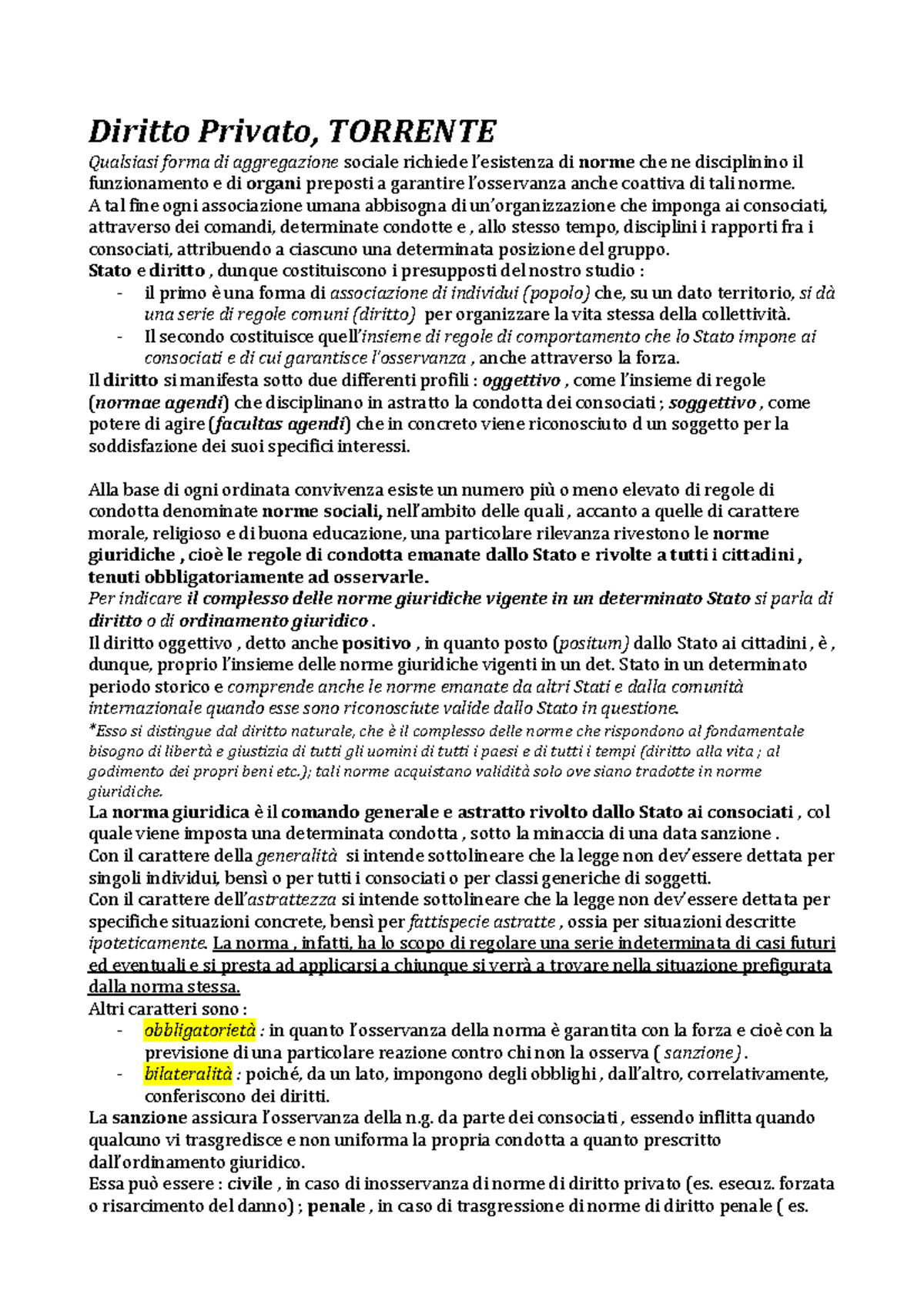 Dirittoprivato, riassunto Torrente (per esame prof L. Santoro