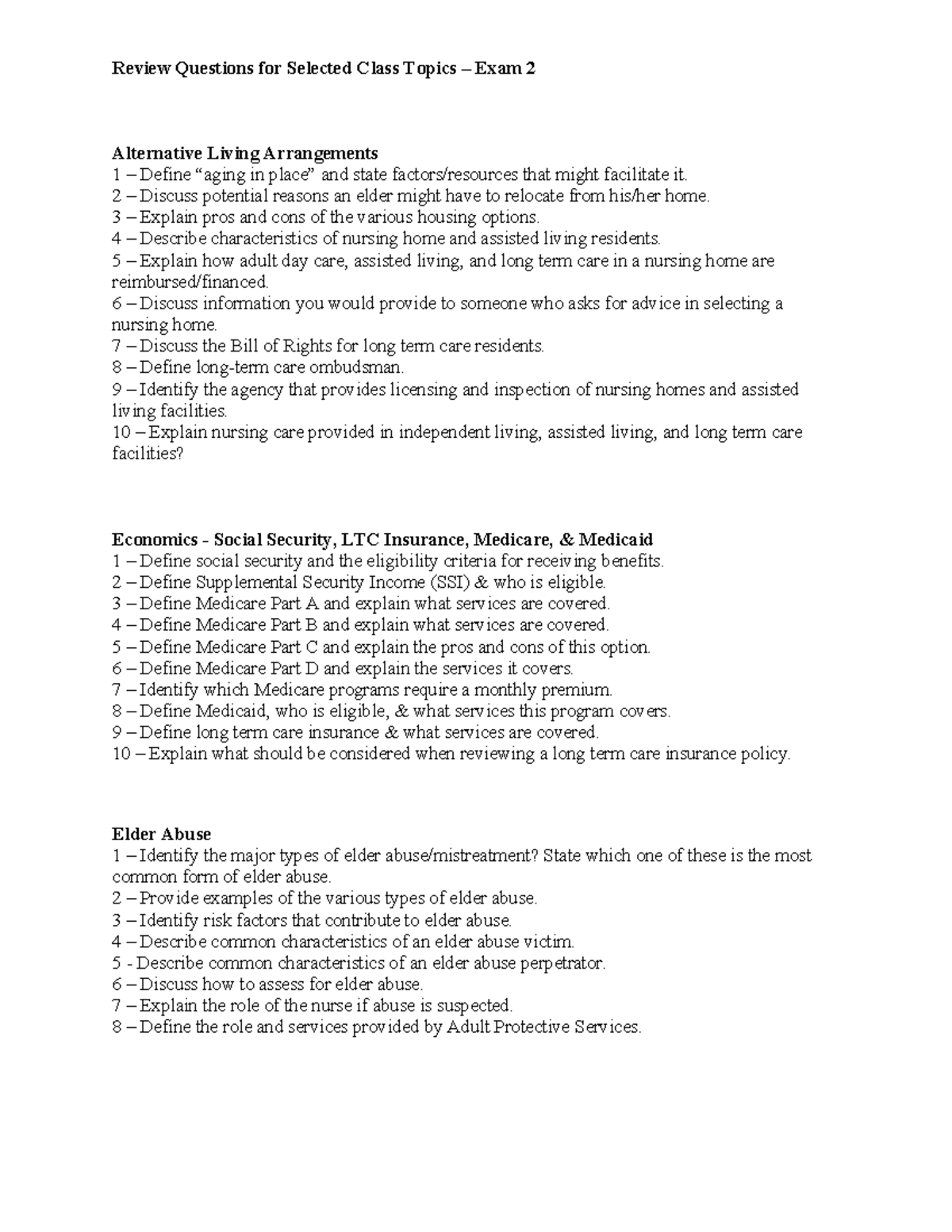 Review Questions Exam 2 - Review Questions for Selected Class Topics ...