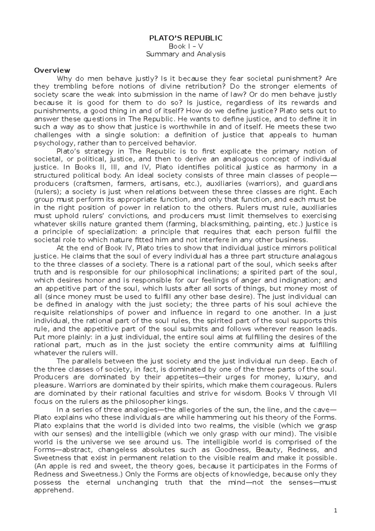 Republic Book I - V - Summary and Analysis - PLATO’S REPUBLIC Book I – V Summary and Analysis ...