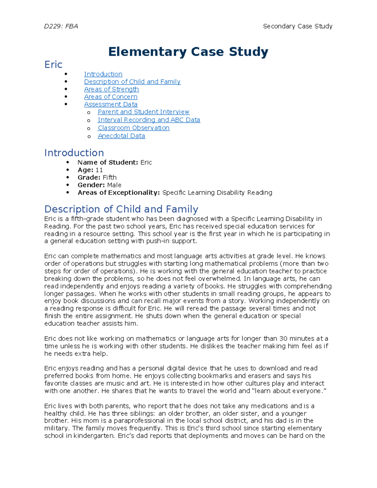 Elementary Case Study - lesson notes - Elementary Case Study Eric ...