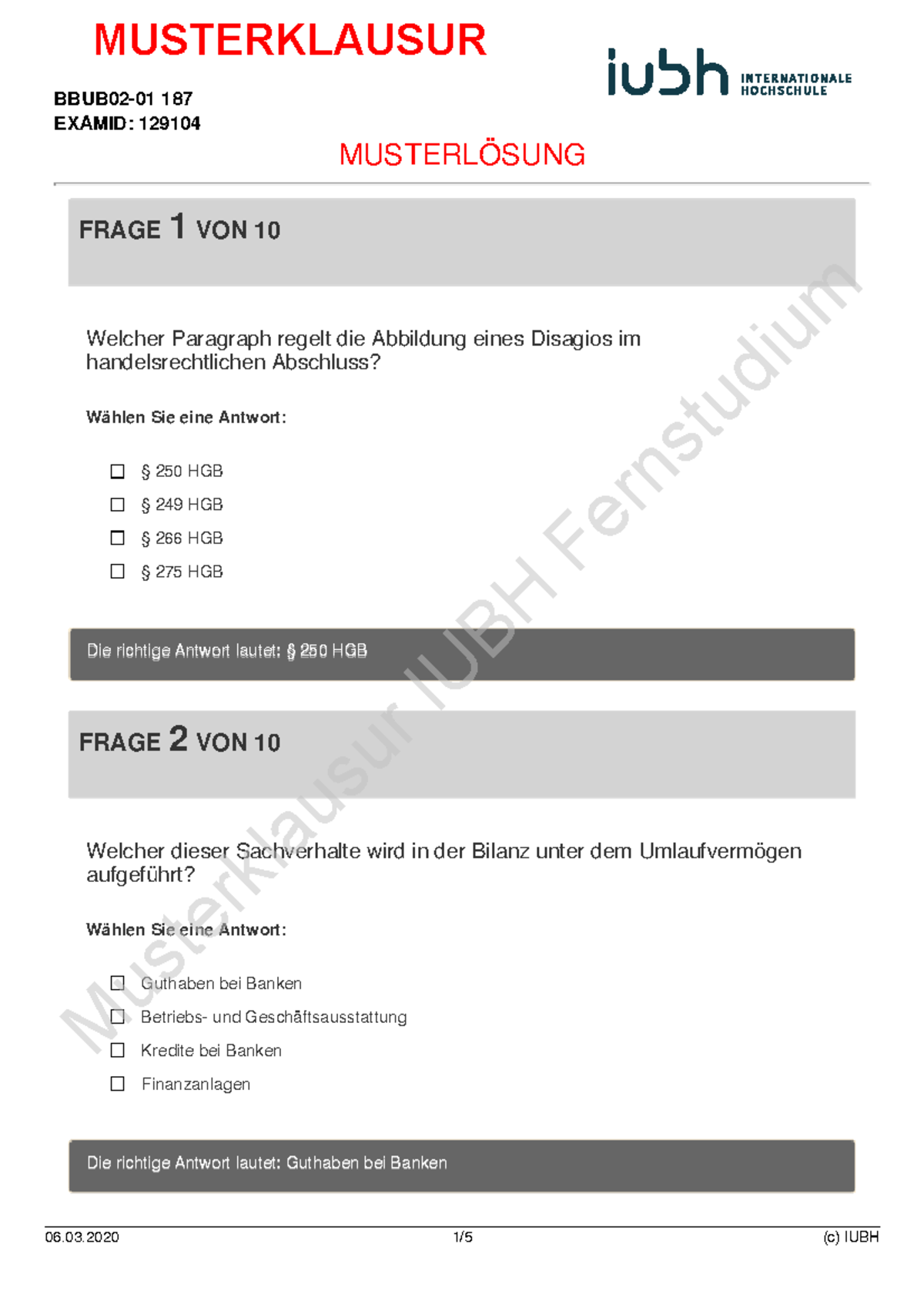 BBUB02-01 MK 2 Musterlösung - FRAGE 1 VON 10 Welcher Paragraph Regelt ...