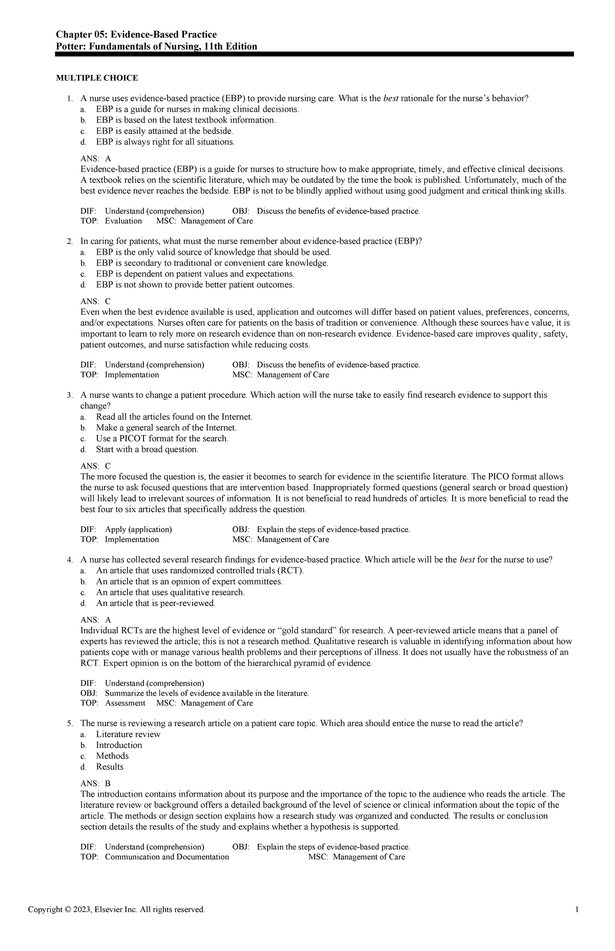 Exam View - Chapter 05 - N/A - Chapter 05: Evidence-Based Practice ...